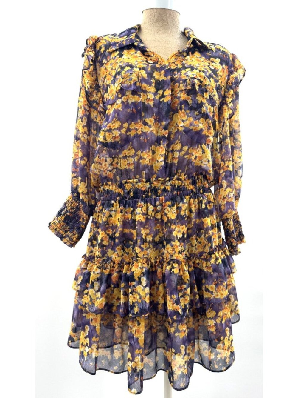 MISA Los Angeles Amelie Floral Chiffon Tiered Ruffles Floral Buttons Dress Sz L